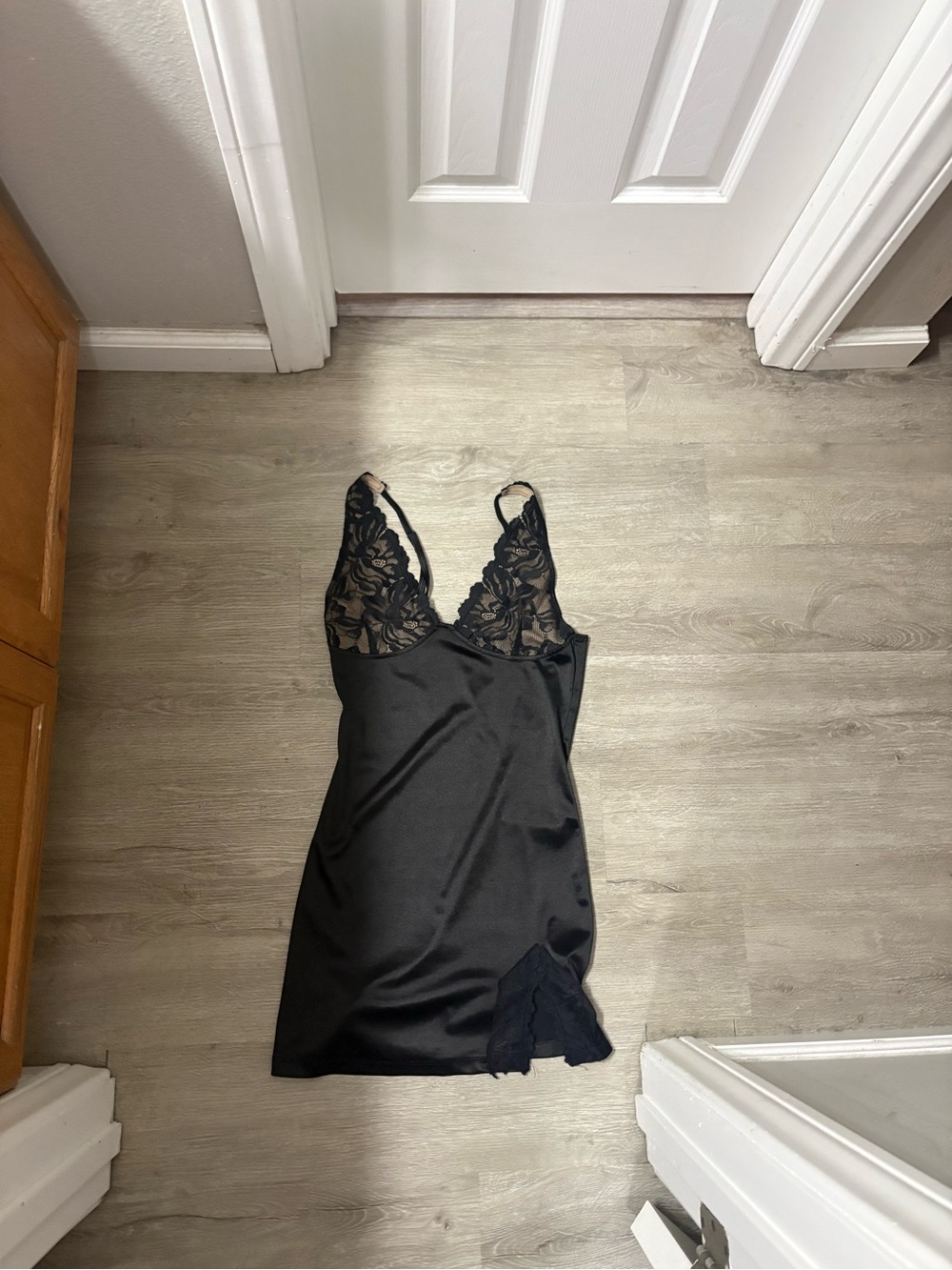 Motel Rocks Black Satin Chemise with Lace Cups